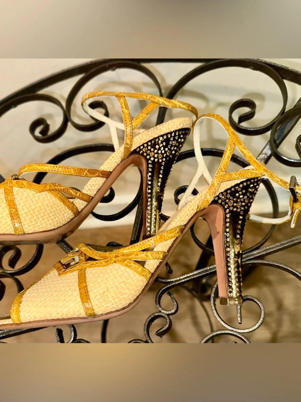 Prada genuine crocodile raffia Swarovski crystal 37.5 7 7.5 high Heel Sandals - Picture 8 of 8